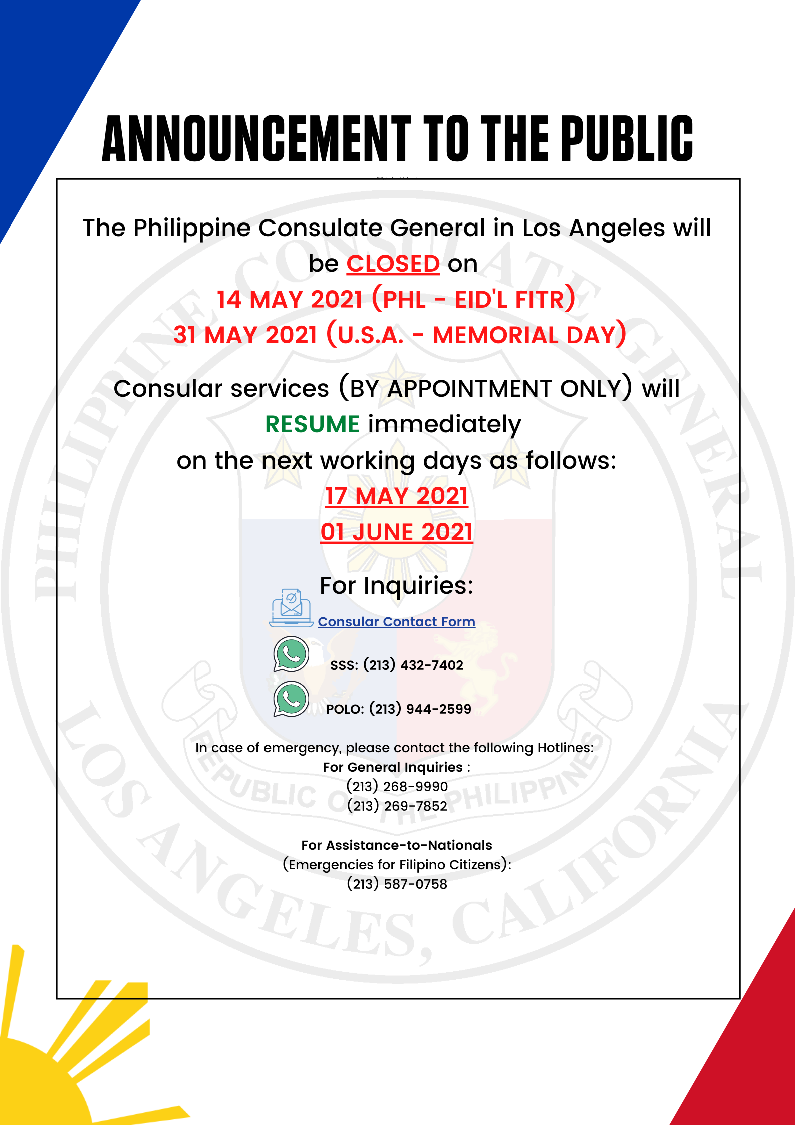 Public Holiday Announcement Philippine Consulate General Los Angeles